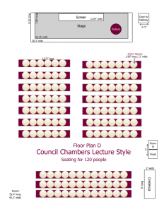 Council Chambers Floor Plan D. The room has seating for 120 people in auditorium style seating with chairs only and no tables. Chairs face the stage and screen centred at the front of the room. The room is 52.4 feet long and 42.2 feet wide.